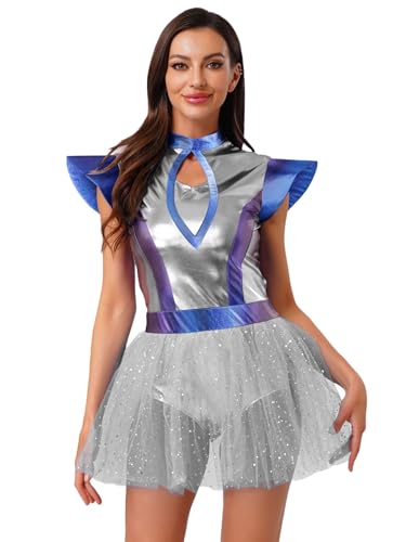 Yiesvsov Frauen Alien Metallisch Tutu Rock Leotard Ballett Tanzkleid Für Halloween Karneval Mottoparty Silber XXL von Yiesvsov