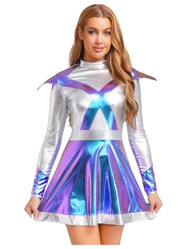 Yiesvsov Frauen Langarm Glänzend Metallisch Alien Kleid Space Warrior Cosplay Kostüm Für Raves Club Party Blau M von Yiesvsov