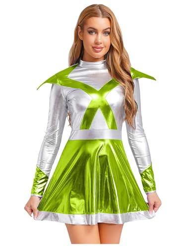 Yiesvsov Frauen Langarm Glänzend Metallisch Alien Kleid Space Warrior Cosplay Kostüm Für Raves Club Party Grün L von Yiesvsov