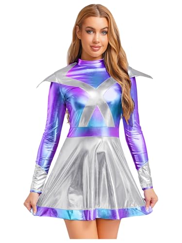 Yiesvsov Frauen Langarm Glänzend Metallisch Alien Kleid Space Warrior Cosplay Kostüm Für Raves Club Party Silber M von Yiesvsov