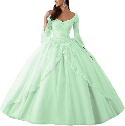 Yifanier Damen-Quinceanera-Kleider mit Spitzenapplikation V-Ausschnitt und Langen Ärmeln Sweet-16-Partykleider Hochzeitskleider MT022 von Yifanier