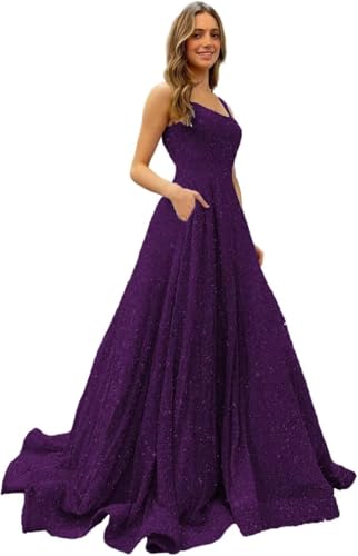 Yifanier Elegante Ballkleider mit Spaghettiträgern und Pailletten Glänzende Abendkleider mit V-Ausschnitt Cocktailparty Lange Kleider von Yifanier