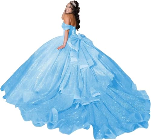 Yifanier Glitzernde Quinceanera-Kleider aus Tüll mit Schleife Schulterfreie Quinceanera-Kleider aus Tüll Sweet-16-Kleider mit Schleppe MT013 von Yifanier