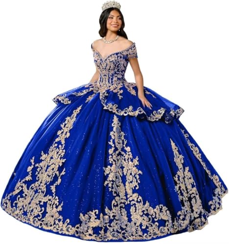 Yifanier Puffy Tüll Quinceanera Kleid mit Schleppe und 3D Gold Spitzenapplikationen Glitzernde Spitzenapplikation Quinceanera Kleider MT039 von Yifanier