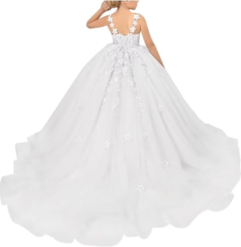 Yifanier Tüll Blumenmädchenkleider für die Hochzeit Blumenapplikationen Prinzessin Festzug Kleid Mädchen Geburtstag Party Ballkleid, White, 06 von Yifanier