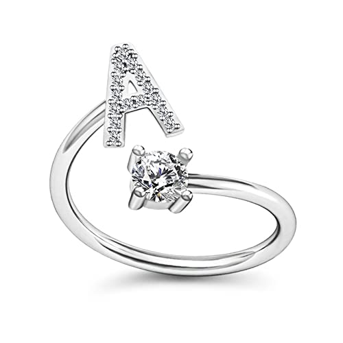 Yifnny Alphabet Ring, Anfangsring 26 Alphabet Intarsien Zirkonia Großbuchstabe A-Z Offener Verstellbarer Mittelfinger Ring Silber Initial Buchstabe Ringe für Damen (A) von Yifnny