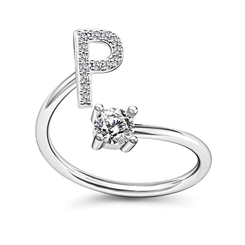 Yifnny Alphabet Ring, Anfangsring 26 Alphabet Intarsien Zirkonia Großbuchstabe A-Z Offener Verstellbarer Mittelfinger Ring Silber Initial Buchstabe Ringe für Damen (P) von Yifnny