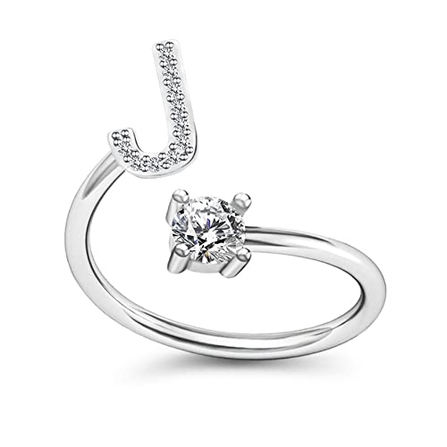 Yifnny Alphabet Ring, Anfangsring 26 Alphabet Intarsien Zirkonia Großbuchstabe A-Z Offener Verstellbarer Mittelfinger Ring Silber Initial Buchstabe Ringe für Damen (J) von Yifnny