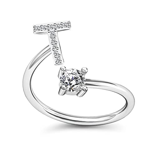 Yifnny Alphabet Ring, Anfangsring 26 Alphabet Intarsien Zirkonia Großbuchstabe A-Z Offener Verstellbarer Mittelfinger Ring Silber Initial Buchstabe Ringe für Damen (T) von Yifnny