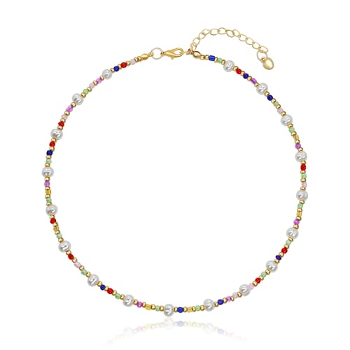 Yifnny Bunte Perlenkette, Y2k Sommer Schmuck Boho Imitation Perlenkette Bunte ketten Damen Hippie Kette Strandperlen Halskette Weiße Kurze Perlen Halskette Für Frauen (Buntes 3) von Yifnny