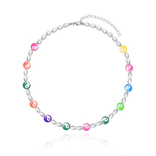 Yifnny Bunte Perlenkette, Y2k Sommer Schmuck Boho Imitation Perlenkette Bunte ketten Damen Hippie Kette Strandperlen Halskette Weiße Kurze Perlen Halskette Für Frauen (Yin Yang) von Yifnny