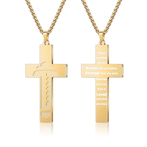 Yifnny Fußball Kreuz Halskette für Männer, Edelstahl Bibel Vers Religiöser Glaube Christliche Schriften Anhänger Kreuz Kette Erstkommunion Taufe Sport Schmuck Geschenke (Always Remember, Gold) von Yifnny