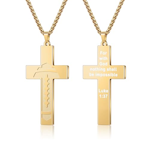 Yifnny Fußball Kreuz Halskette für Männer, Edelstahl Bibel Vers Religiöser Glaube Christliche Schriften Anhänger Kreuz Kette Erstkommunion Taufe Sport Schmuck Geschenke (Luke 1:37, Gold) von Yifnny