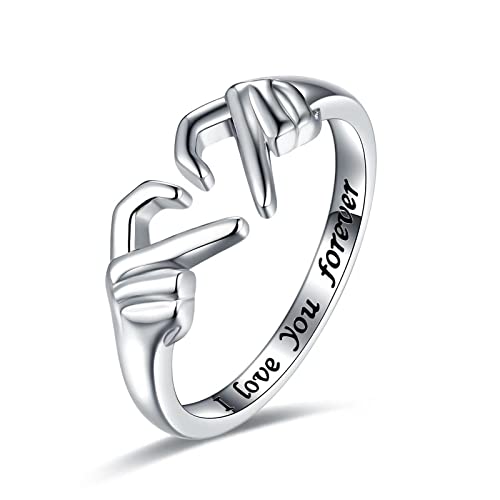 Yifnny Hände Herz Ringe, Silber Umarmungsring für Damen Herz Ring I Love You Forever Verstellbar Hände Ring Gravierte Worte Liebe Umarmung Hände Offener Ring (I love you forever) von Yifnny