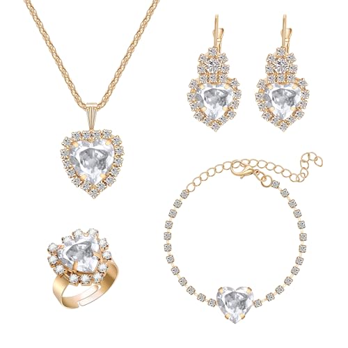 Yifnny Kristall Herz Schmuck Sets, Herz des Ozeans Halskette und Ohrring Sets für Frauen rot rosa lila Prom Schmuck Geburtsstein Halskette für Mama Mütter Tag Geburtstag Geschenke (Weiß) von Yifnny