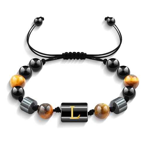 Yifnny Perlenarmbänder für Männer, Alphabet-Armband Schwarzes Armband igerauge-Armband Verstellbares Obsidian-Armband Freundschaft Perlenschmuck Geburtstagsgeschenk für Männer (L) von Yifnny