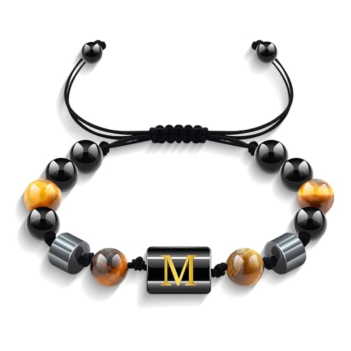 Yifnny Perlenarmbänder für Männer, Alphabet-Armband Schwarzes Armband igerauge-Armband Verstellbares Obsidian-Armband Freundschaft Perlenschmuck Geburtstagsgeschenk für Männer (M) von Yifnny