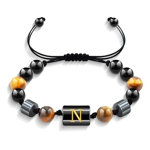 Yifnny Perlenarmbänder für Männer, Alphabet-Armband Schwarzes Armband igerauge-Armband Verstellbares Obsidian-Armband Freundschaft Perlenschmuck Geburtstagsgeschenk für Männer (N) von Yifnny