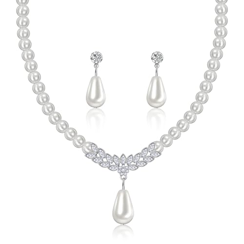 Yifnny Perlenschmuck Sets für Frauen, Faux Pearl Halskette und Ohrringe Armband Set Layered Perlenkette 1920er Jahre Schmuck Set Hochzeit Braut Schmuck Sets Geschenke für Frauen Mom (Stil 1 Silber) von Yifnny