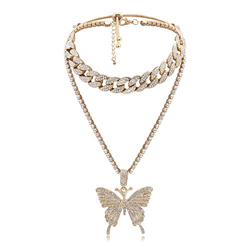 Yifnny Schmetterling Kubanische Glied Halskette, Big Butterfly Cuban Chain Choker mit Bling Strass Schmetterling Anhänger Halskette Schmetterlingskette Hip Hop Schmuck für Frauen (Gold) von Yifnny