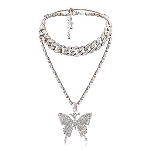 Yifnny Schmetterling Kubanische Glied Halskette, Big Butterfly Cuban Chain Choker mit Bling Strass Schmetterling Anhänger Halskette Schmetterlingskette Hip Hop Schmuck für Frauen (Silber) von Yifnny