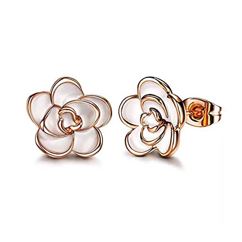 Yifnny Schwarz Rose Kamelie Blume Schmuck Set, Schwarz Kamelie Strass Halskette Ohrringe Schmuck Set Rose Blume Halskette Ohrring Kamelie Schmuck Braut Hochzeit für Damen (Roségold-Weiß) von Yifnny