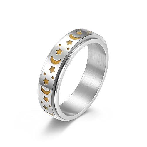 Yifnny Spinner Ring, Edelstahl Spinner Ringe für Damen Herren Zappelbandringe Mond Stern Ringe Stressabbauende Anti Angst Ring Hochzeit Versprechen Leuchtender (Luminous Glow-Silber, 9) von Yifnny