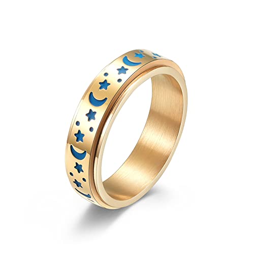 Yifnny Spinner Ring, Edelstahl Spinner Ringe für Damen Herren Zappelbandringe Mond Stern Ringe Stressabbauende Anti Angst Hochzeit Versprechen Leuchtender Ring (Luminous Glow-Gold, 9) von Yifnny