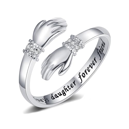 Yifnny Umarmungsring, Verlobungsring Gravierte Worte Umarmung Hände Offener Ring Verstellbar Ring Mutter Geschenk für Männer und Frauen Schmuck (Always daughter forever friend) von Yifnny