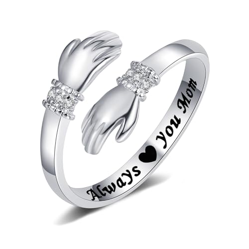 Yifnny Umarmungsring, Verlobungsring Gravierte Worte Umarmung Hände Offener Ring Verstellbar Ring Mutter Geschenk für Männer und Frauen Schmuck (Always you mom) von Yifnny