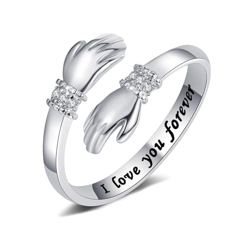 Yifnny Umarmungsring, Verlobungsring Gravierte Worte Umarmung Hände Offener Ring Verstellbar Ring Mutter Geschenk für Männer und Frauen Schmuck (I love you forever) von Yifnny