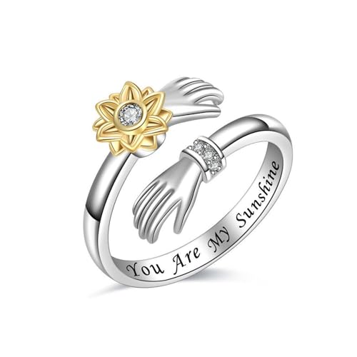 Yifnny Umarmungsring, Verlobungsring Gravierte Worte Umarmung Hände Offener Ring Verstellbar Ring Mutter Geschenk für Männer und Frauen Schmuck (You Are My Sunshine) von Yifnny
