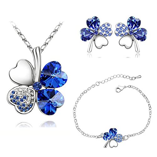 Yifnny Vierblättriges Kleeblatt Schmuckset, Glücks Vierklee Herz Halskette Ohrringe und Armband Grünes Vierklee Kristall Set Irischer Schmuck für Frauen Hochzeitstag Geschenk (Blau) von Yifnny