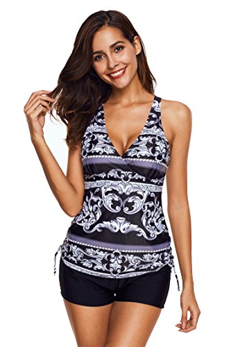 Yigoo Badeanzug Damen Figurformend Große Größe Frauen Vintage Bauchweg Tankini Sport Badeanzüge Push Up Schwarz M von Yigoo