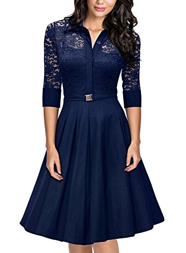 Yigoo Festliche Elegant Kleider Damen Festlich Hochzeit Spitzenkleider Vintage Abendkleid Cocktailkleid A-Linie Knielang Kurzarm Blau L von Yigoo