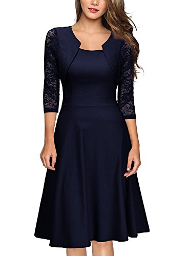 Yigoo Festliche Elegant Kleider Damen Festlich Hochzeit Spitzenkleider Vintage Abendkleid Cocktailkleid A-Linie Knielang Kurzarm Blau S von Yigoo