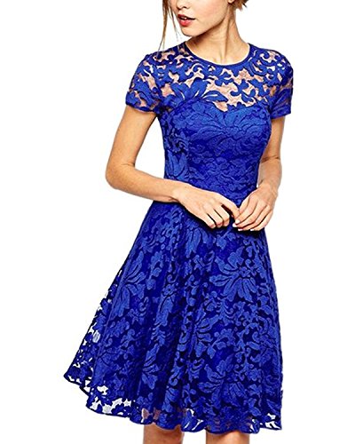 Yigoo Festliche Elegant Kleider Damen Festlich Hochzeit Spitzenkleider Vintage Abendkleid Cocktailkleid A-Linie Knielang Kurzarm Blau XL von Yigoo