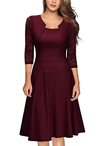 Yigoo Festliche Elegant Kleider Damen Festlich Hochzeit Spitzenkleider Vintage Abendkleid Cocktailkleid A-Linie Knielang Kurzarm Rot S von Yigoo