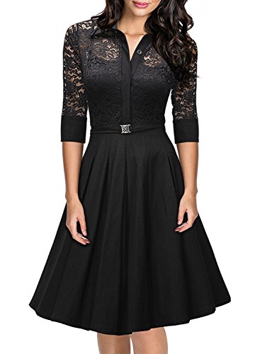 Yigoo Festliche Elegant Kleider Damen Festlich Hochzeit Spitzenkleider Vintage Abendkleid Cocktailkleid A-Linie Knielang Kurzarm Schwarz 2XL von Yigoo