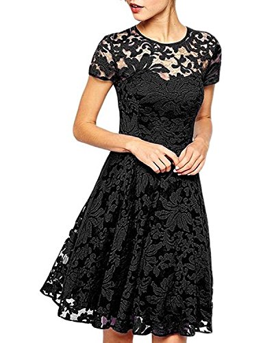 Yigoo Festliche Elegant Kleider Damen Festlich Hochzeit Spitzenkleider Vintage Abendkleid Cocktailkleid A-Linie Knielang Kurzarm Schwarz 2XL von Yigoo