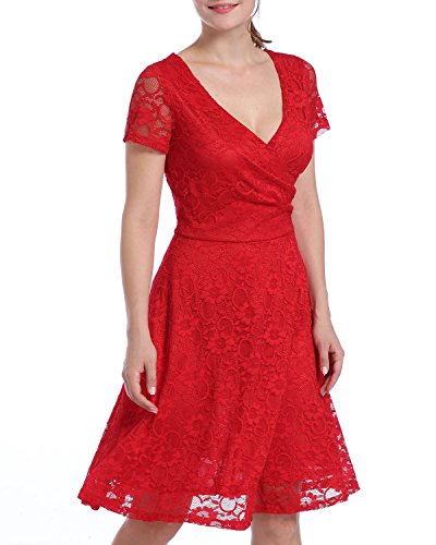 Yigoo Festliche Elegant Kleider Damen Festlich Hochzeit Spitzenkleider Vintage Abendkleid Cocktailkleid A-Linie Knielang longarm v Ausschnitt Rot XL von Yigoo