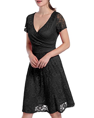 Yigoo Festliche Elegant Kleider Damen Festlich Hochzeit Spitzenkleider Vintage Abendkleid Cocktailkleid A-Linie Knielang longarm v Ausschnitt Schwarz XL von Yigoo