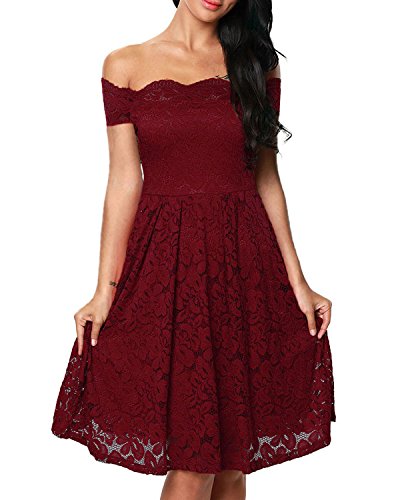Yigoo Festliche Elegant Kleider Damen Festlich Hochzeit Spitzenkleider Vintage Abendkleid Schulterfrei Cocktailkleid A-Linie Knielang Kurzarm Rot S von Yigoo
