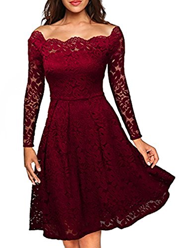 Yigoo Festliche Elegant Kleider Damen Festlich Hochzeit Spitzenkleider Vintage Abendkleid Schulterfrei Cocktailkleid A-Linie Knielang Langarm Rot 2XL von Yigoo