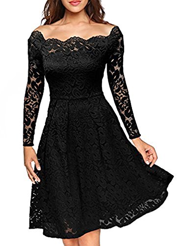 Yigoo Festliche Elegant Kleider Damen Festlich Hochzeit Spitzenkleider Vintage Abendkleid Schulterfrei Cocktailkleid A-Linie Knielang Langarm Schwarz 3XL von Yigoo