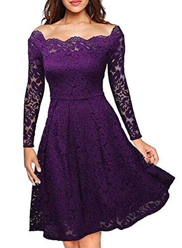 Yigoo Festliche Elegant Kleider Damen Festlich Hochzeit Spitzenkleider Vintage Abendkleid Schulterfrei Cocktailkleid A-Linie Knielang Langarm Violett S von Yigoo
