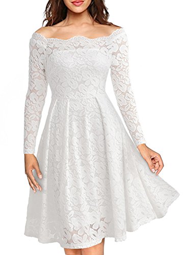 Yigoo Festliche Elegant Kleider Damen Festlich Hochzeit Spitzenkleider Vintage Abendkleid Schulterfrei Cocktailkleid A-Linie Knielang Langarm Weiß S von Yigoo