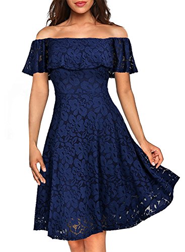 Yigoo Festliche Elegant Kleider Damen Festlich Hochzeit Spitzenkleider Vintage Abendkleid Schulterfrei Cocktailkleid Knielang A-line Rüschen Blau S von Yigoo