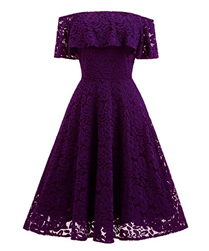 Yigoo Festliche Elegant Kleider Damen Festlich Hochzeit Spitzenkleider Vintage Abendkleid Schulterfrei Cocktailkleid Knielang A-line Rüschen Violett L von Yigoo