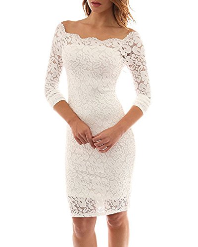 Yigoo Festliche Elegant Kleider Damen Festlich Hochzeit Spitzenkleider Vintage Abendkleid Schulterfrei Cocktailkleid Knielang Bodycon Weiß M von Yigoo